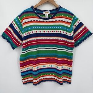 Vintage Talbots Multicolor Rainbow Striped Knit Embroidered Short Sleeve Sweater